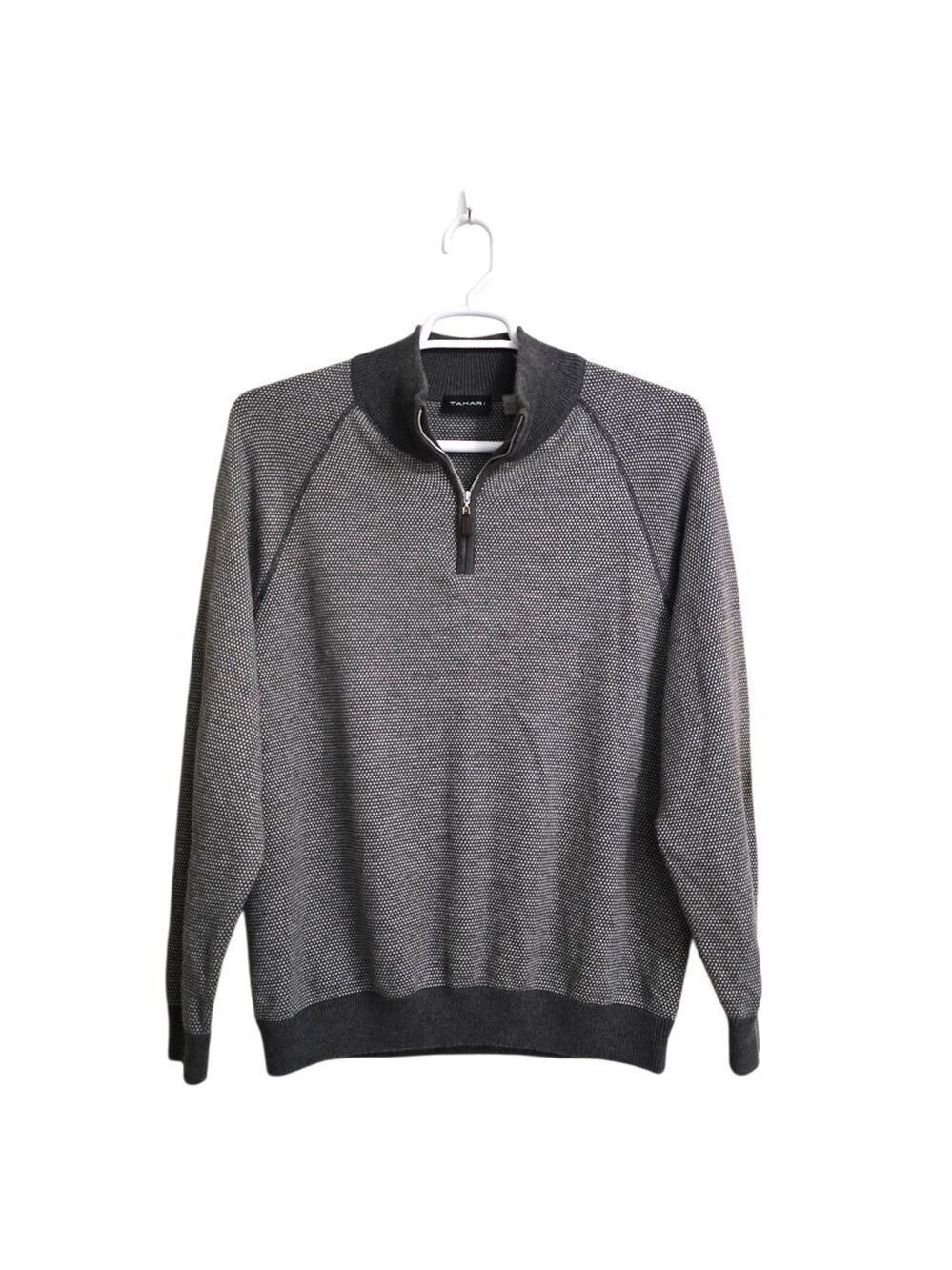 Tahari Gray & White Wool Blend Quarter Zip Pullover Sweater Sz XL